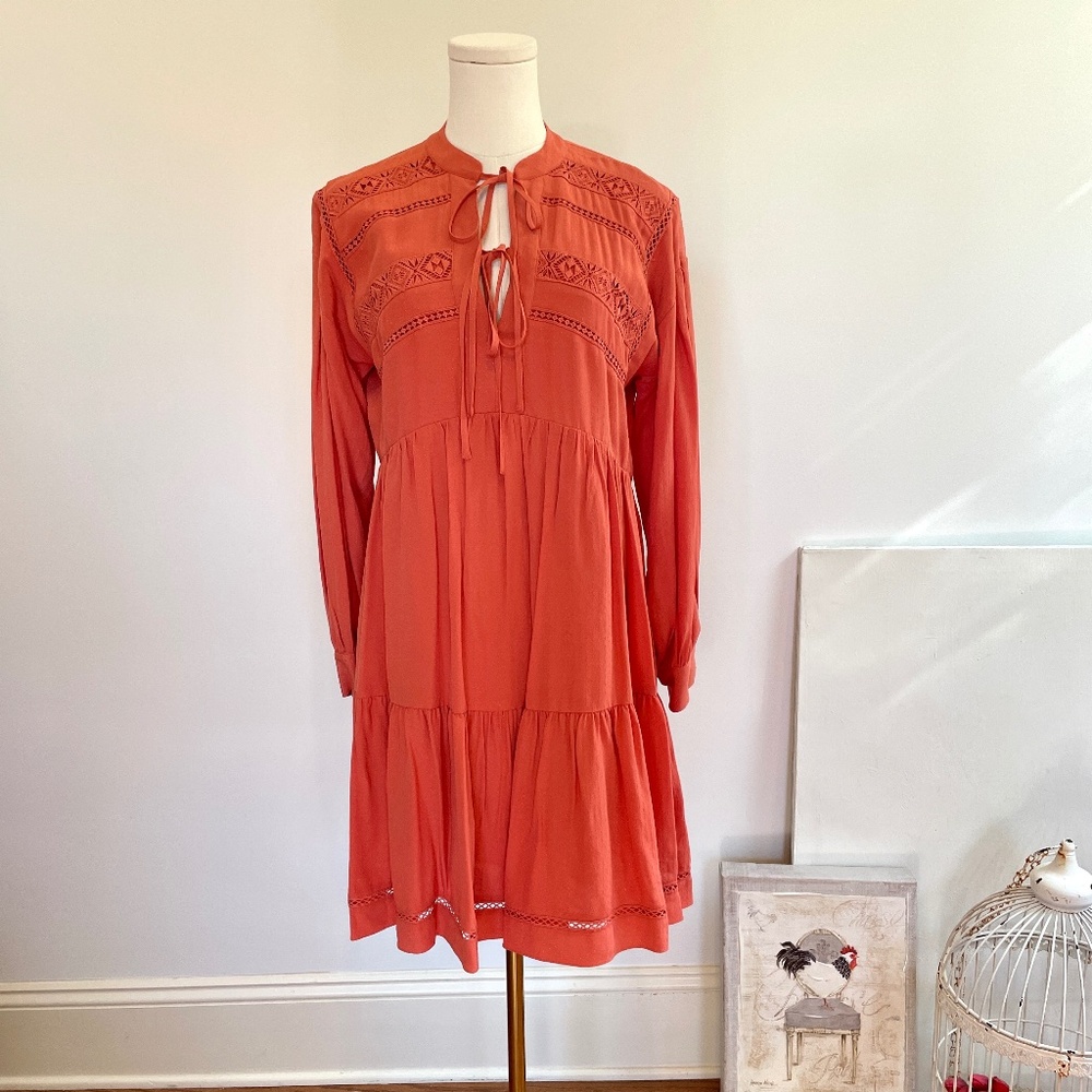 Antonio Melani Tiered Lace Dress Women 4 Coral Boho Prairie Tie Neck Cottagecore